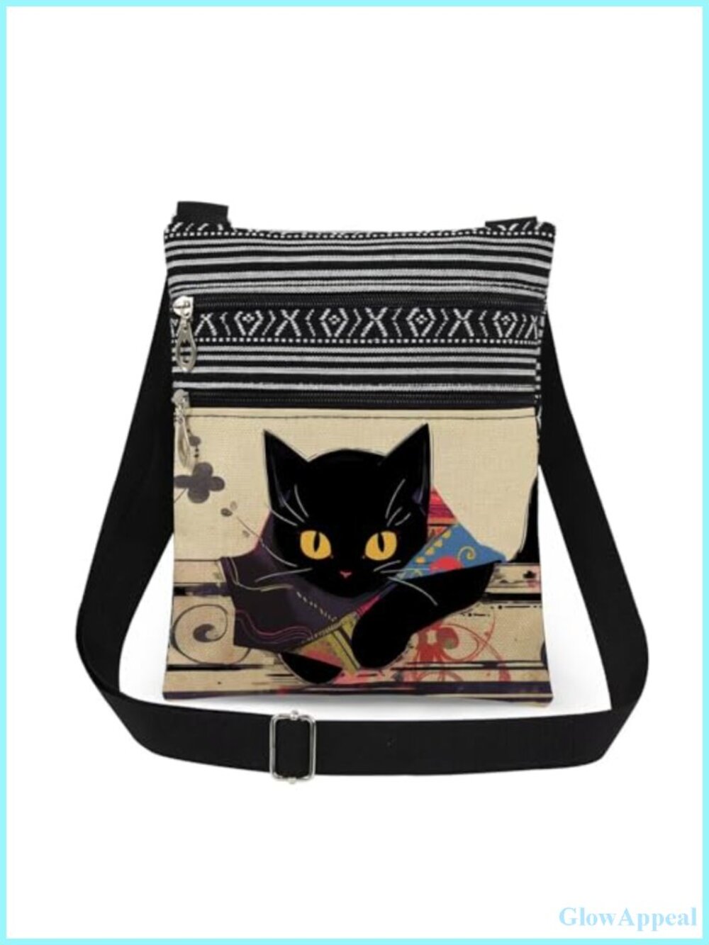 Cat Print Crossbody Bag Polyester Adjustable Strap Double Zipper Women's Purse